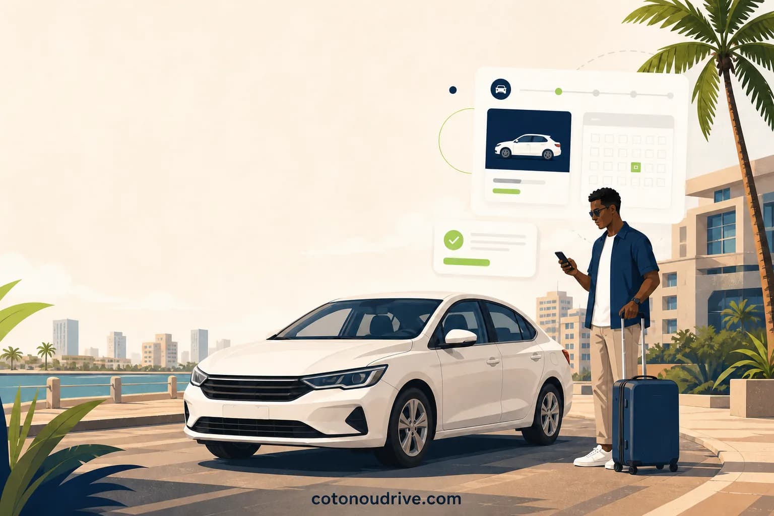 Voyageur préparant sa location de voiture en ligne à Cotonou